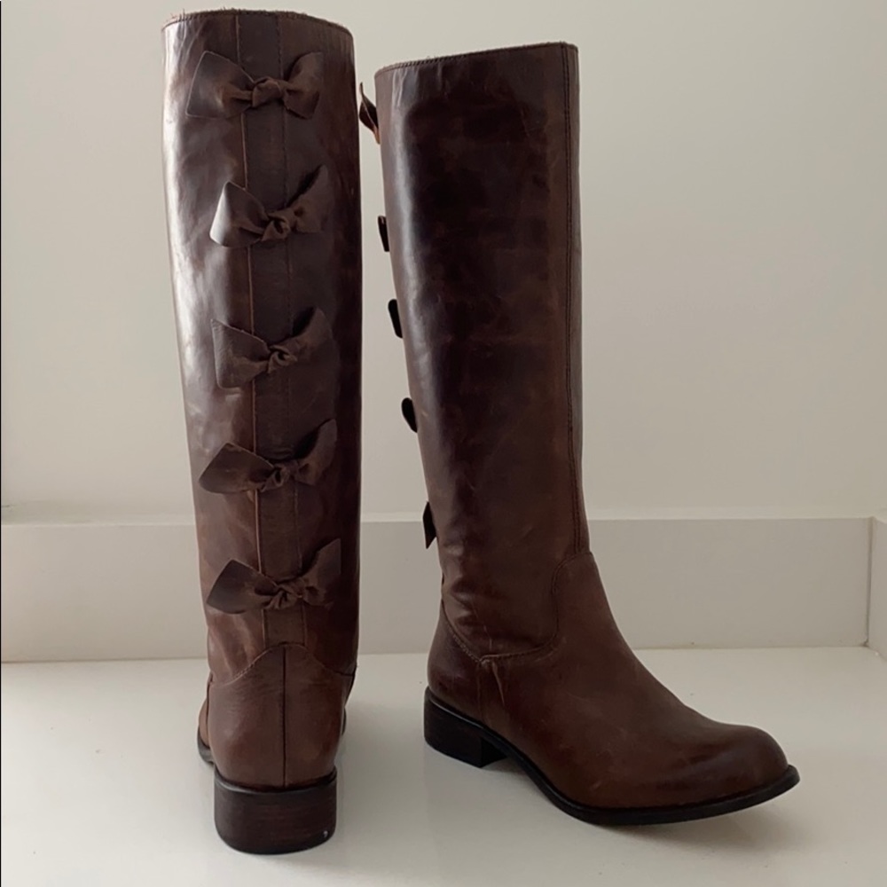 Anthropologie Brown Bow Back Boots - NWOT